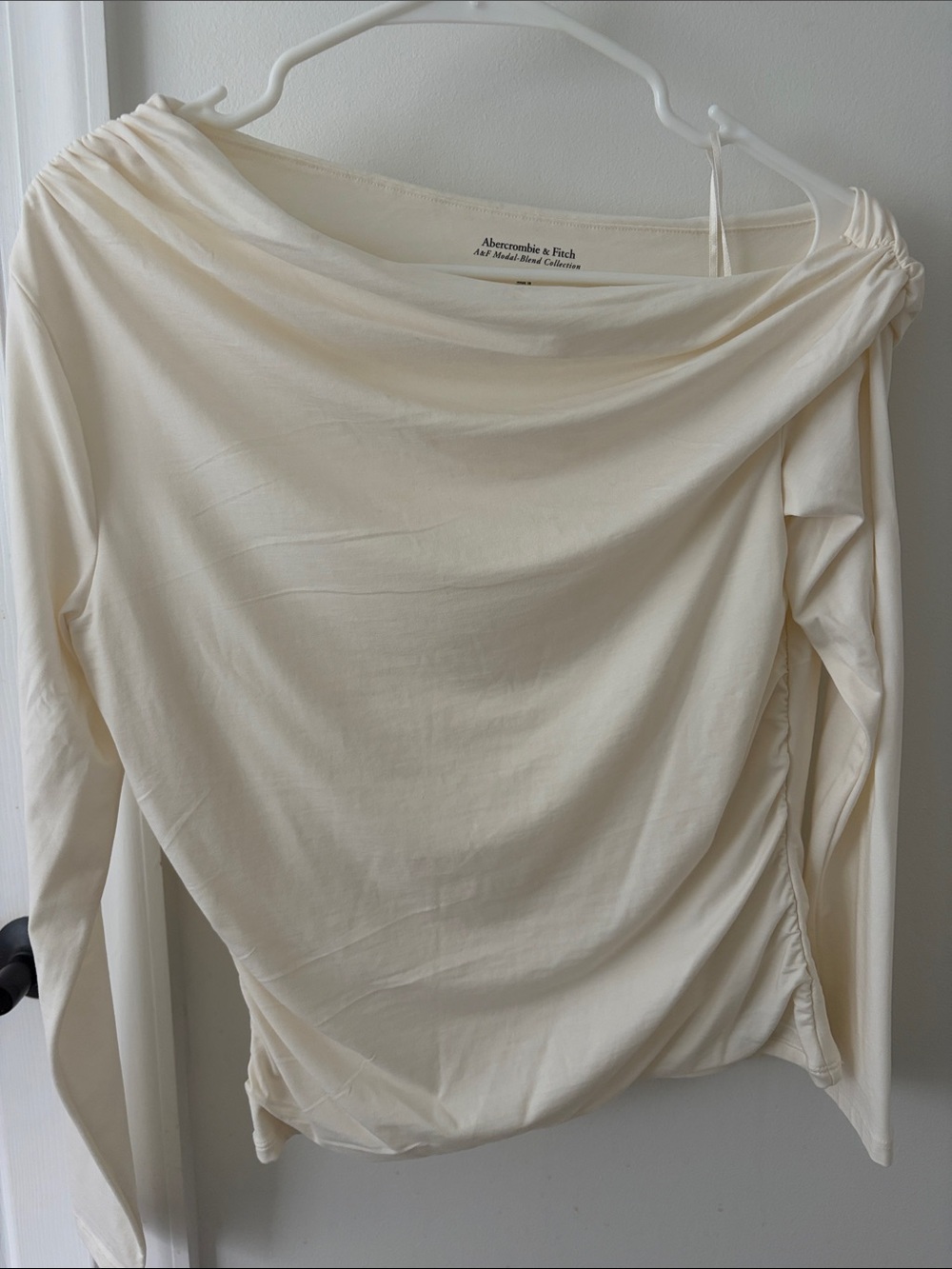 Abercrombie & Fitch Cream Long Sleeve Draped Shoulder Top